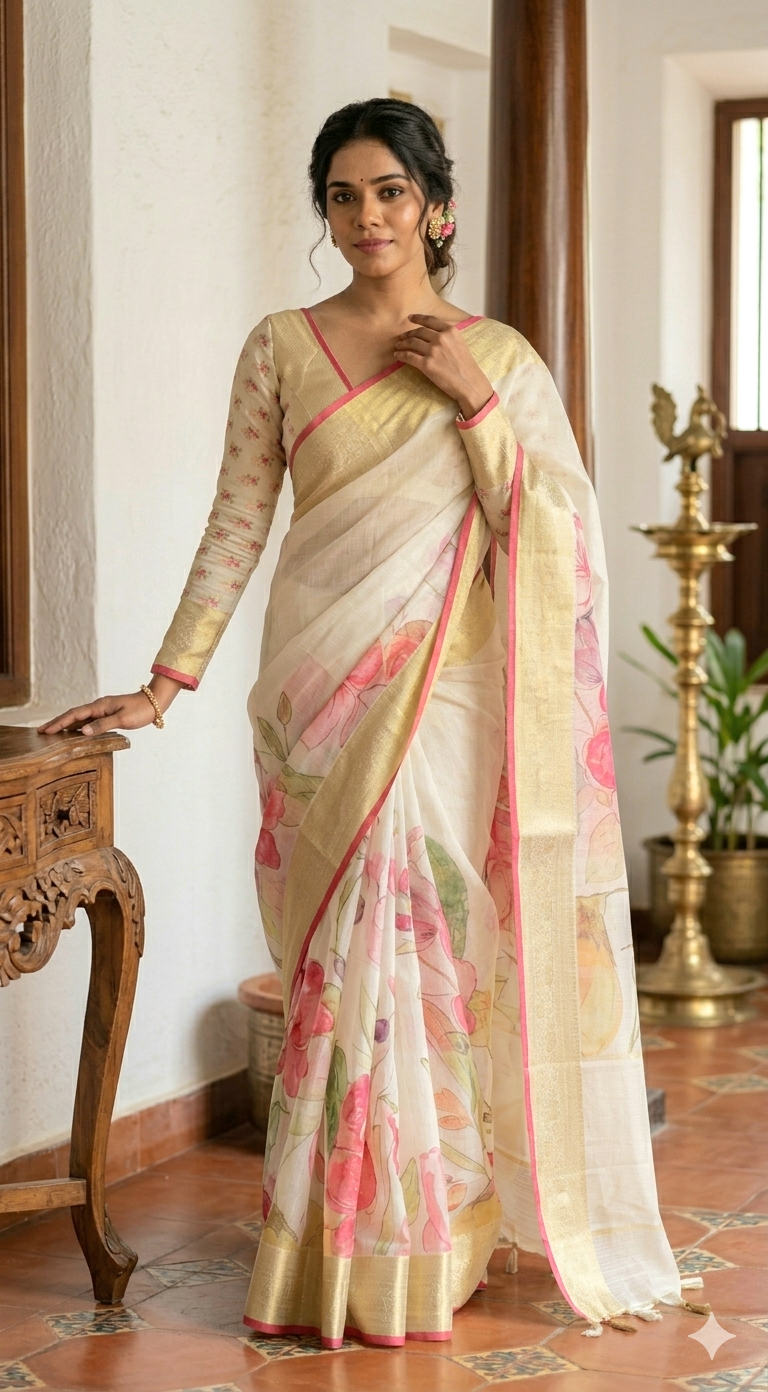 Semi silk saree with floral design- stitched blouse( sleeve)(34-42 size