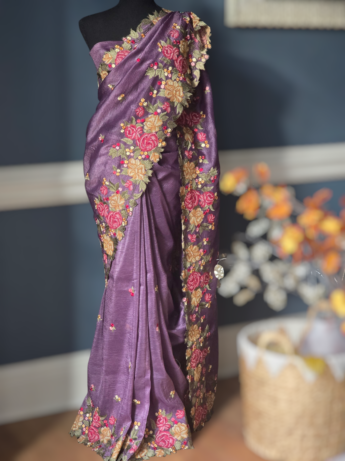 Crushed organza saree with thread work-stitched blouse