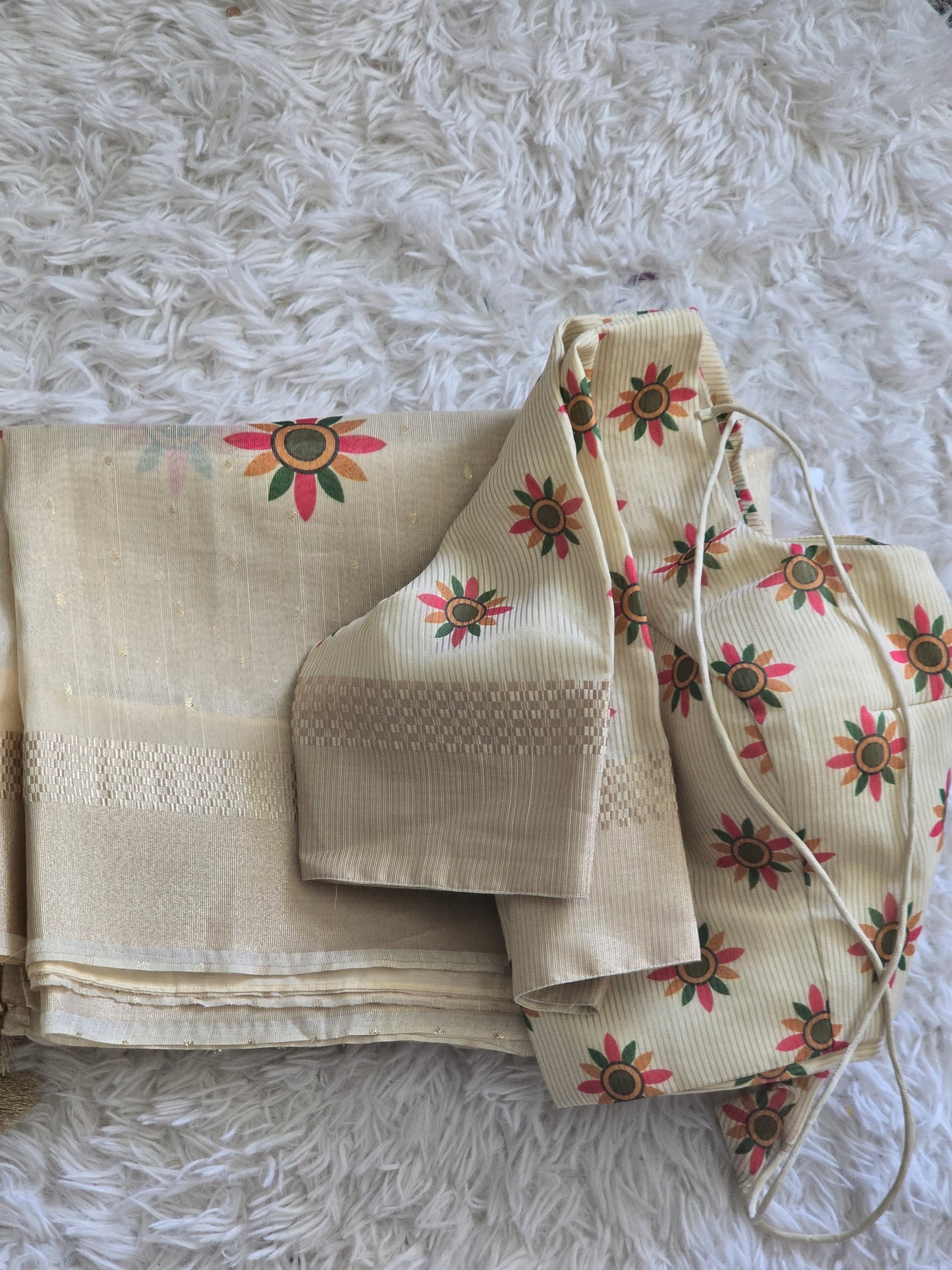 Semi silk (golden beige) saree with traditional ( kadhakali) design- stitched blouse