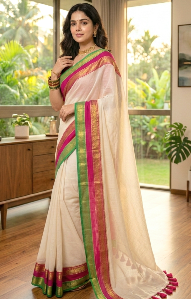 Mul cotton saree with green pink kanchee border- BP ( Fall and pico ready)