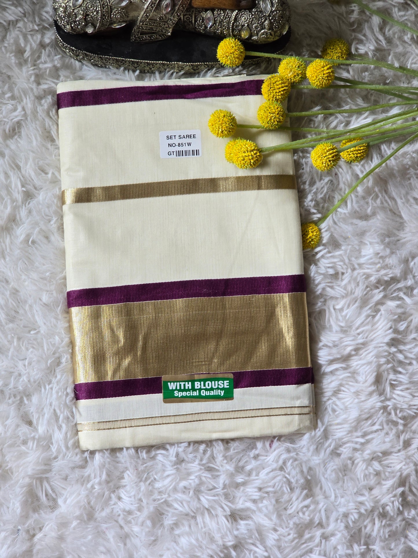 Soft cotton onam saree with purple/ gold stripes