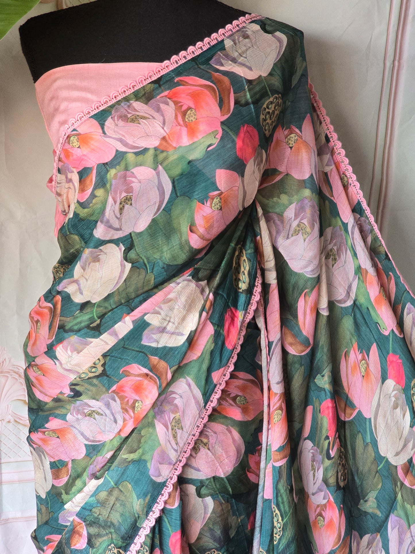 Chiffon floral printed saree with stitched blouse
