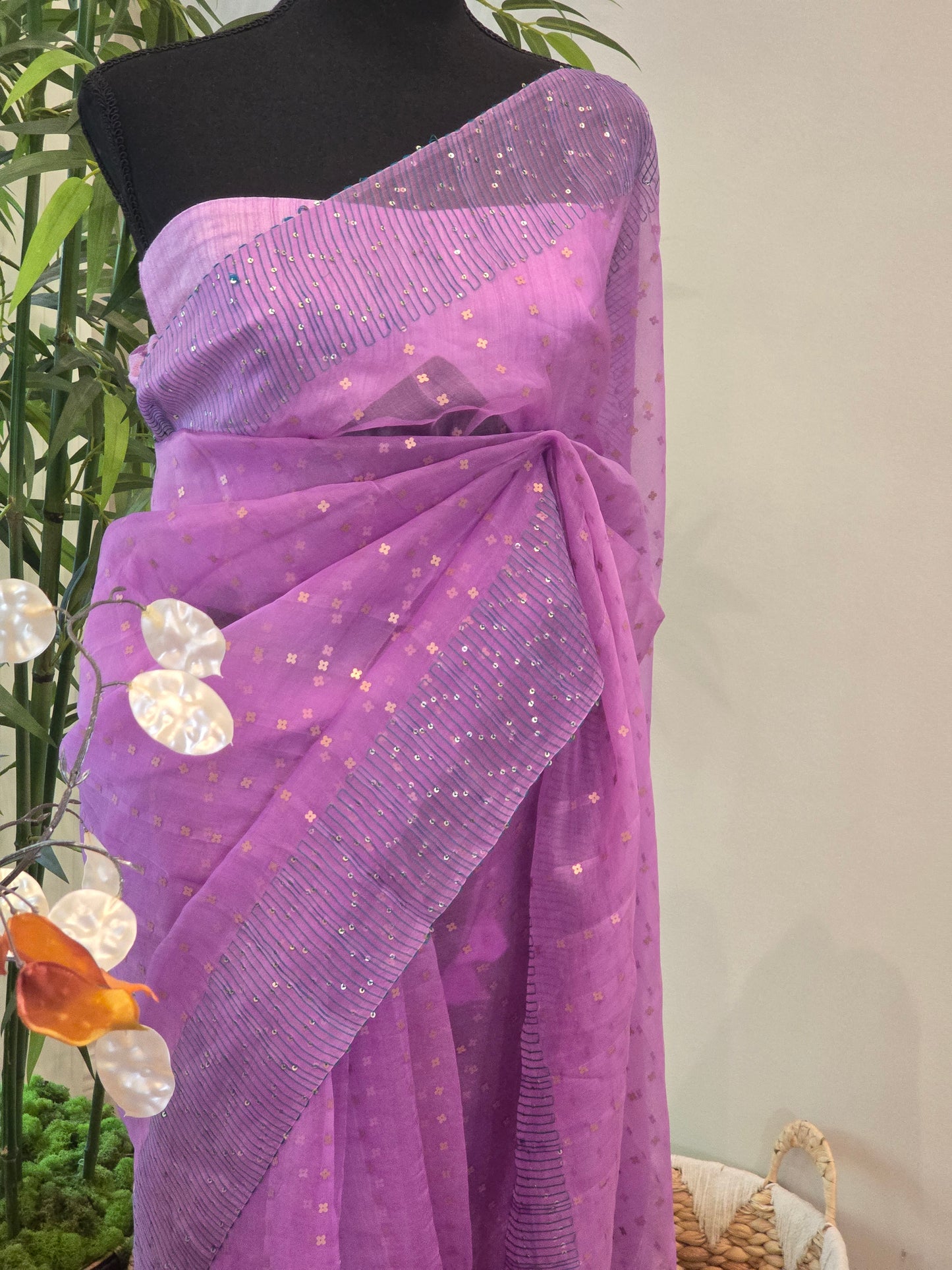 Pure muslin silk saree (Light lilac) with sequins- stitched blouse