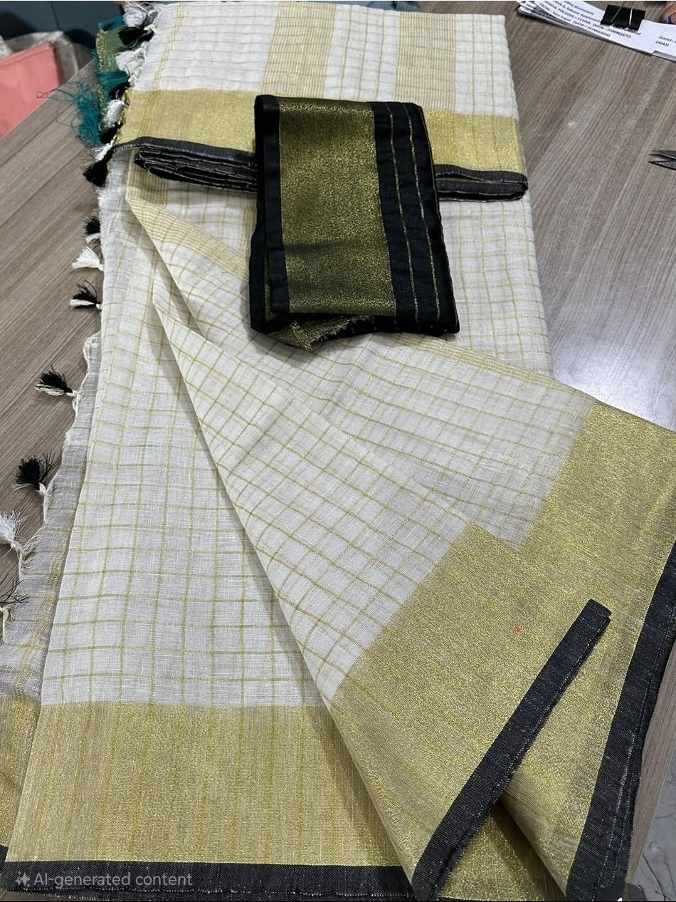 Pre book Onam saree- Linen cotton body check- Black- With blouse piece (delivery time 2 weeks)