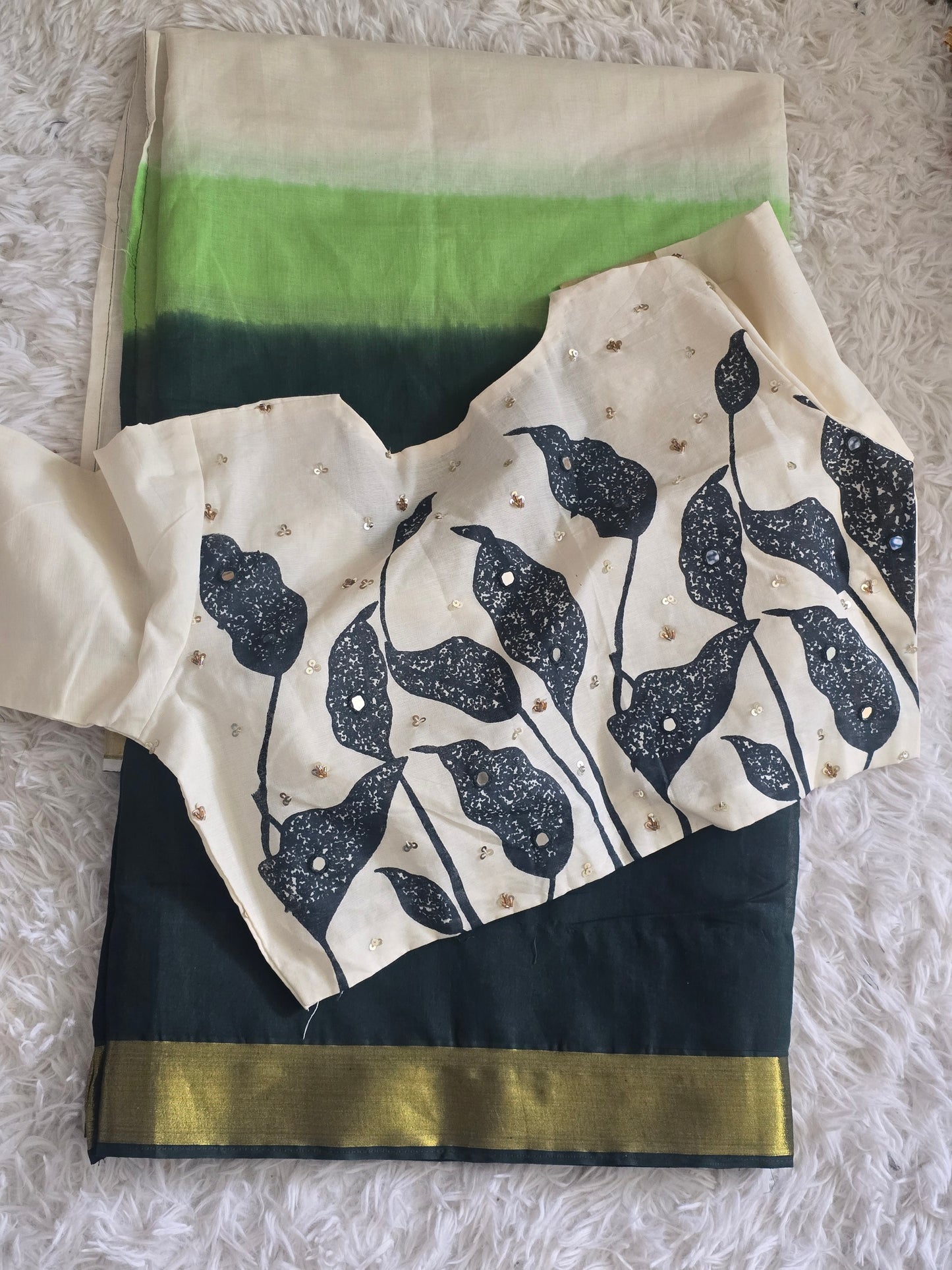 Premium cotton kerala saree duel tone- stitched designer blouse