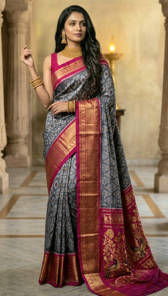 Pure kancheepuram silk ikkat saree with stitched blouse