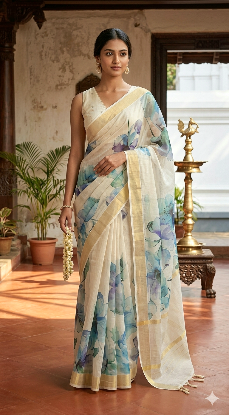 Semi silk saree with floral design- stitched blouse ( sleeveless)(34-38 size)