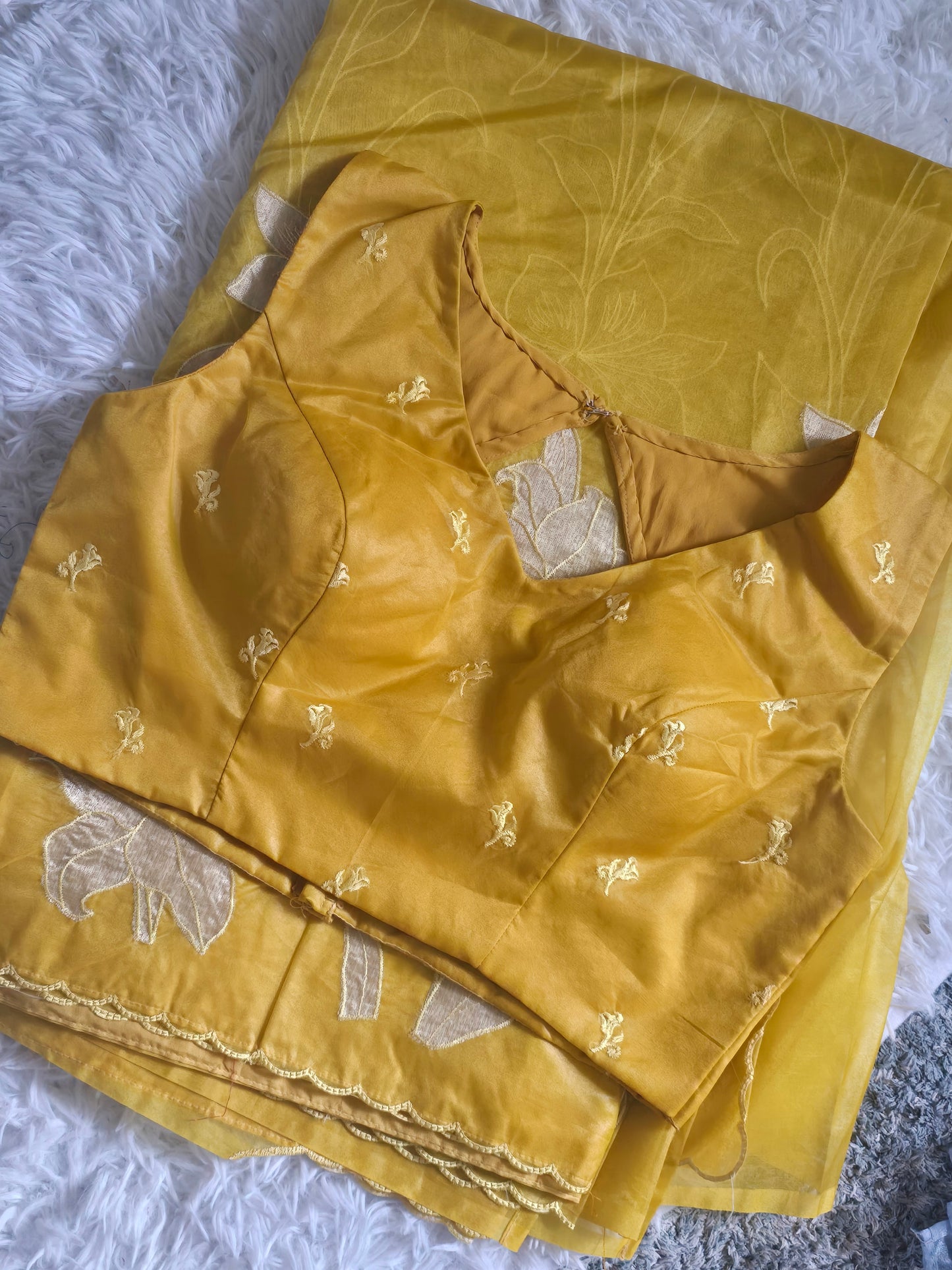 Turquish organza saree (Yellow) with applique work- stitched blouse