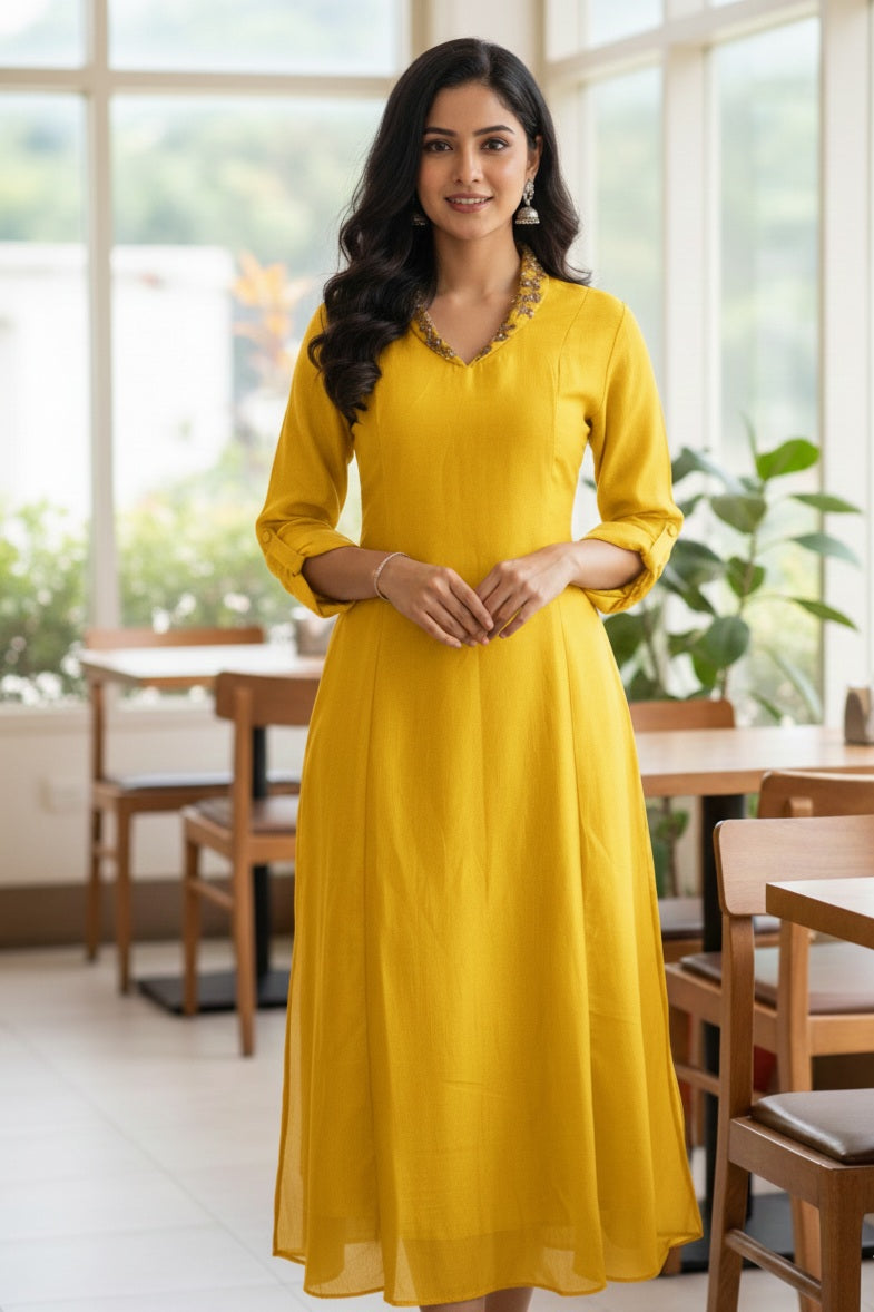 Semi silk A line kurti with Neck pattern