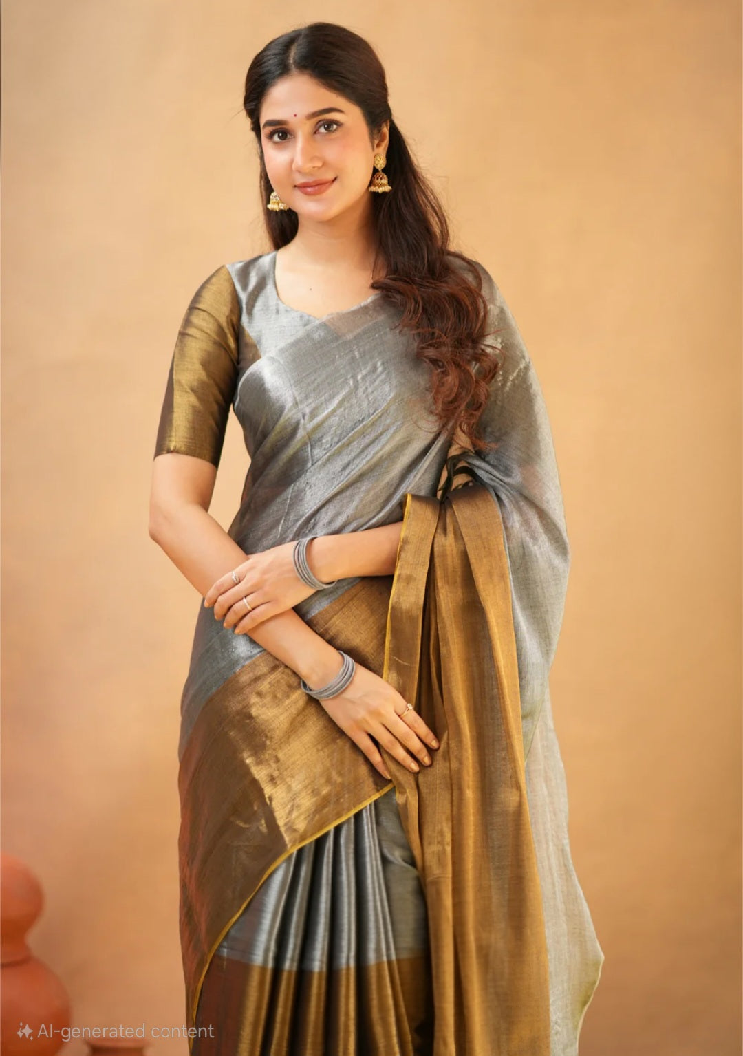 Semi tissue saree- grey and copper-No blouse