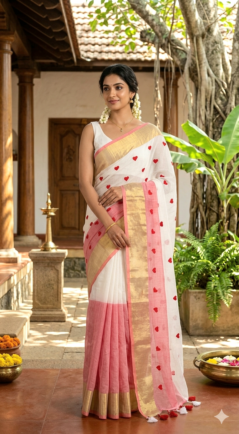 Mul cotton saree with red design( fall and pico ready)