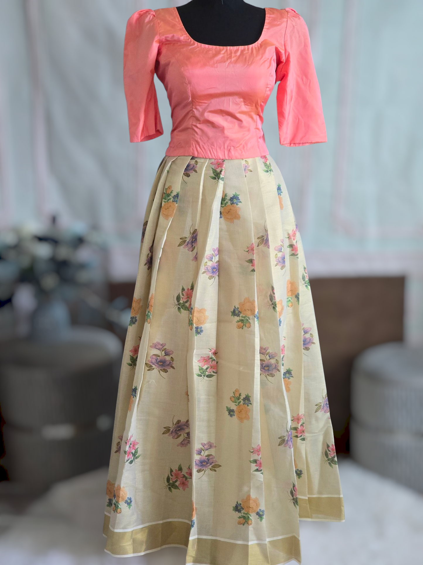 Onam skirt floral design- with blouse - Adults 34-40 size