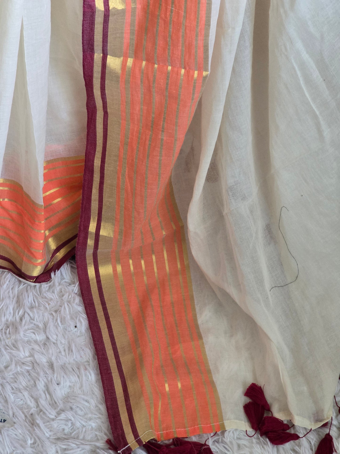 Mul cotton saree with orange and maroon border (fall and pico done)NO Blouse piece