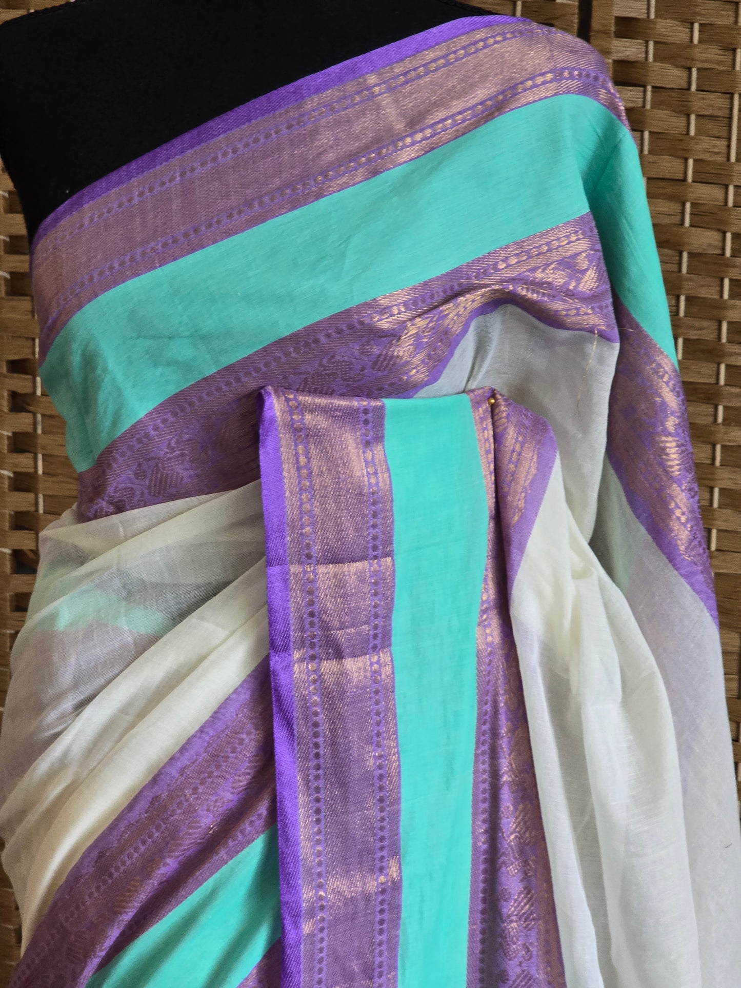 Mul cotton saree with sea green /lavdner border (fall and pico done)NO Blouse piece