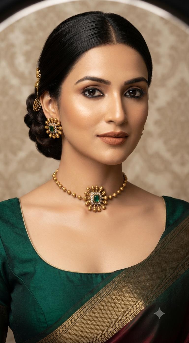 Gold bead green star choker