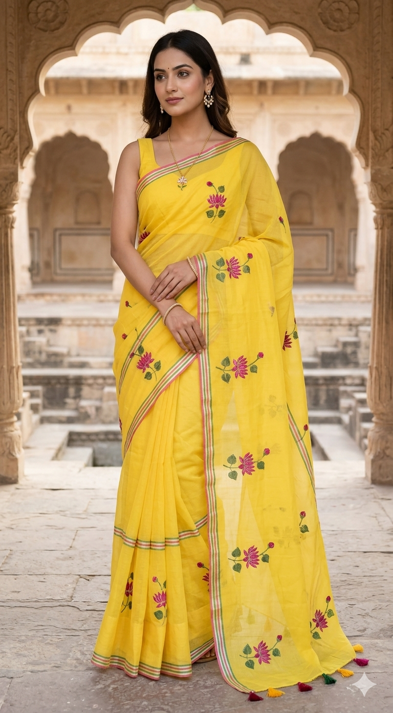 Yellow Mul cotton saree - No BP ( saree fall and pico done)