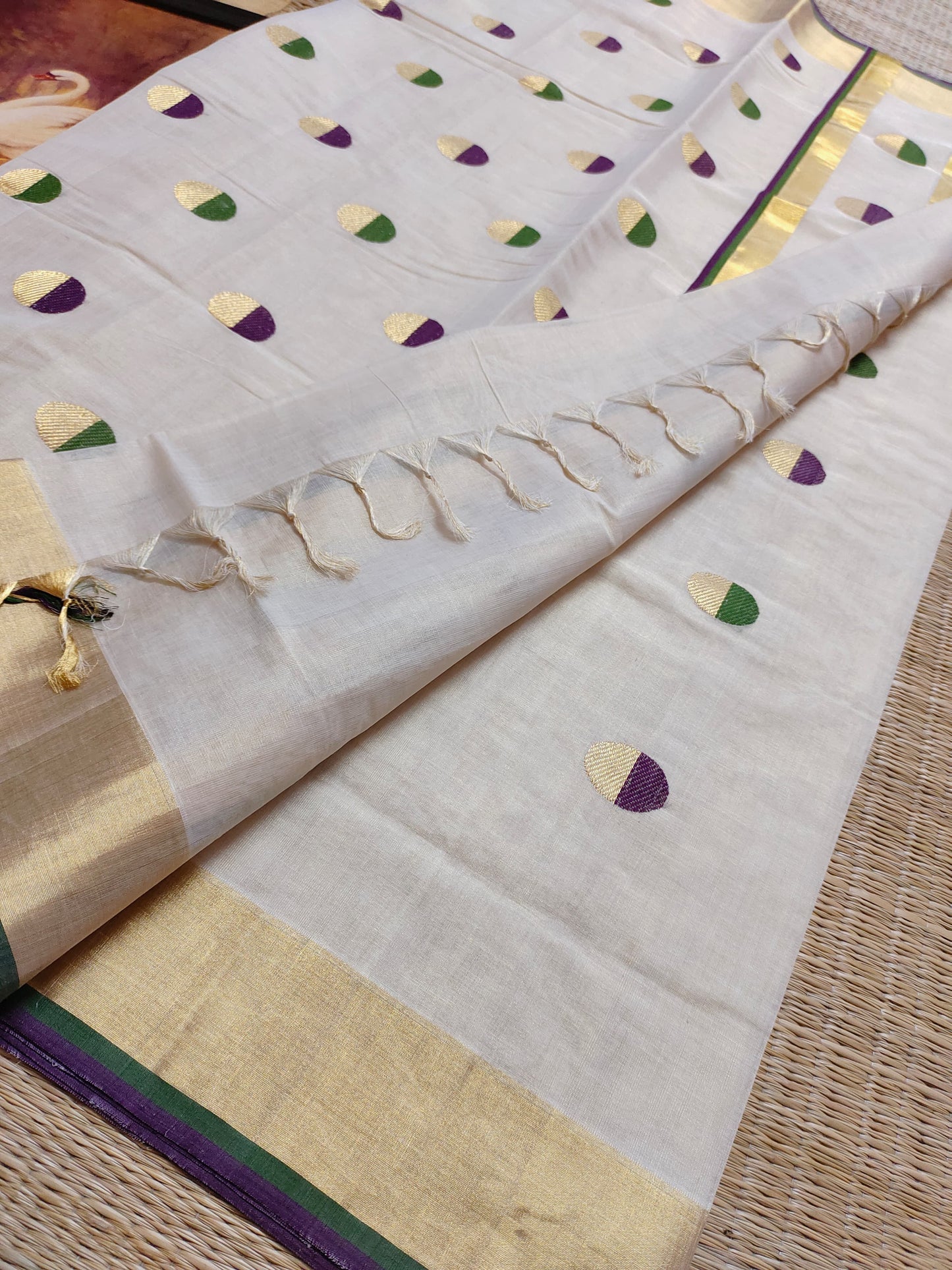 Premium Golden Tissue Handloom Saree With Polka Weaves