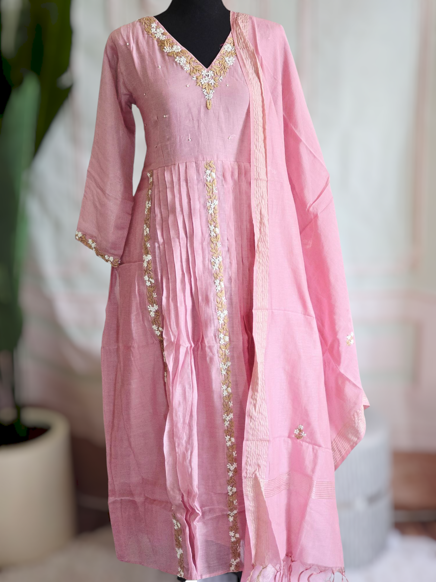 Malai chanderi 3 pc salwar suit set(Baby pink