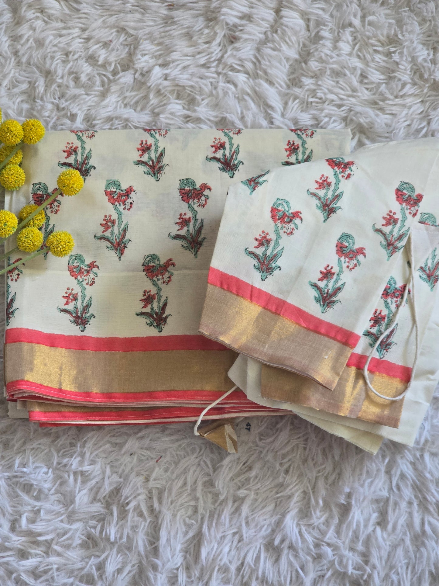 Premium cotton kerala saree with floral block print design-stitched blouse