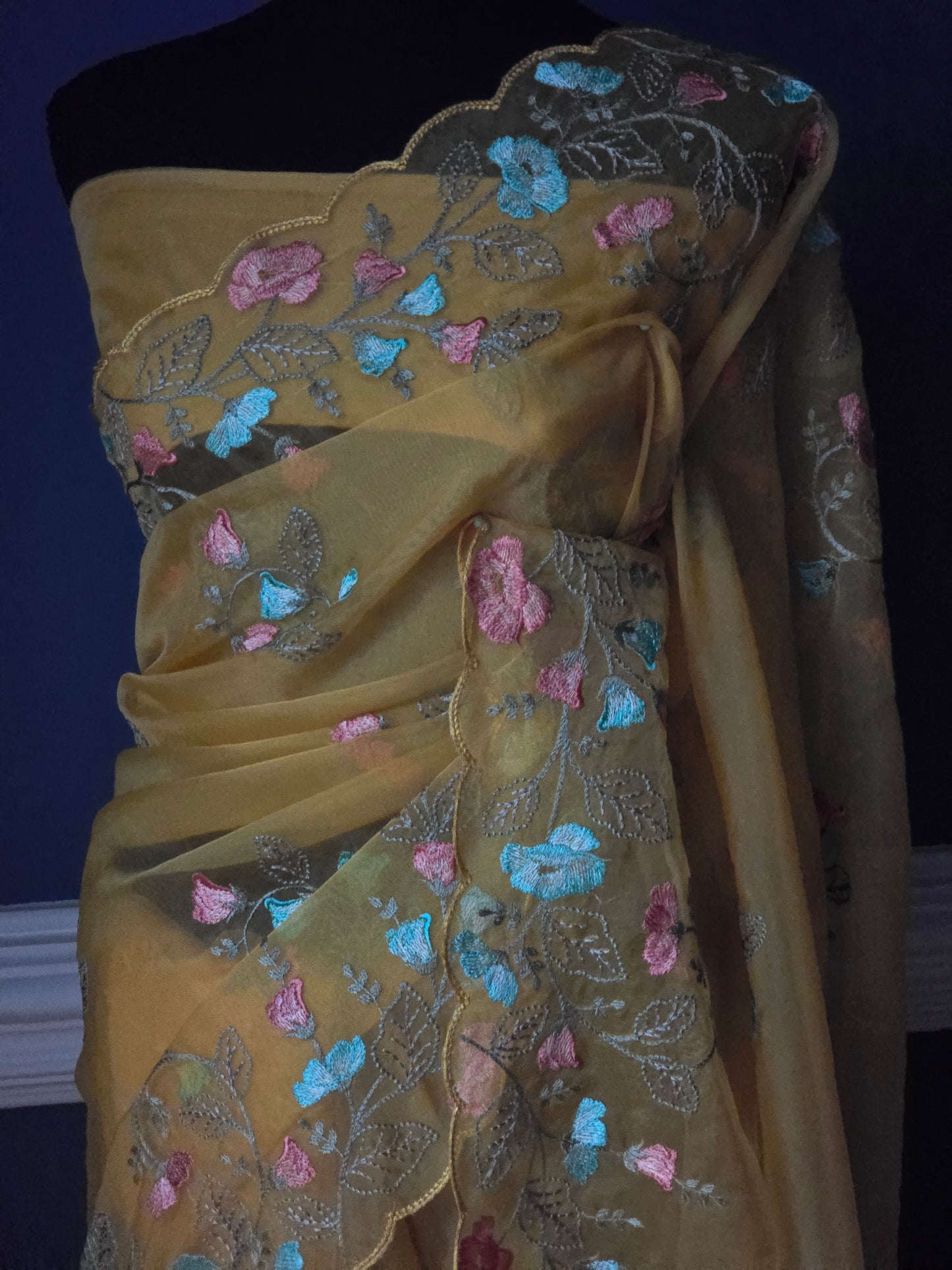 Mustard yellow organza saree with threadwork