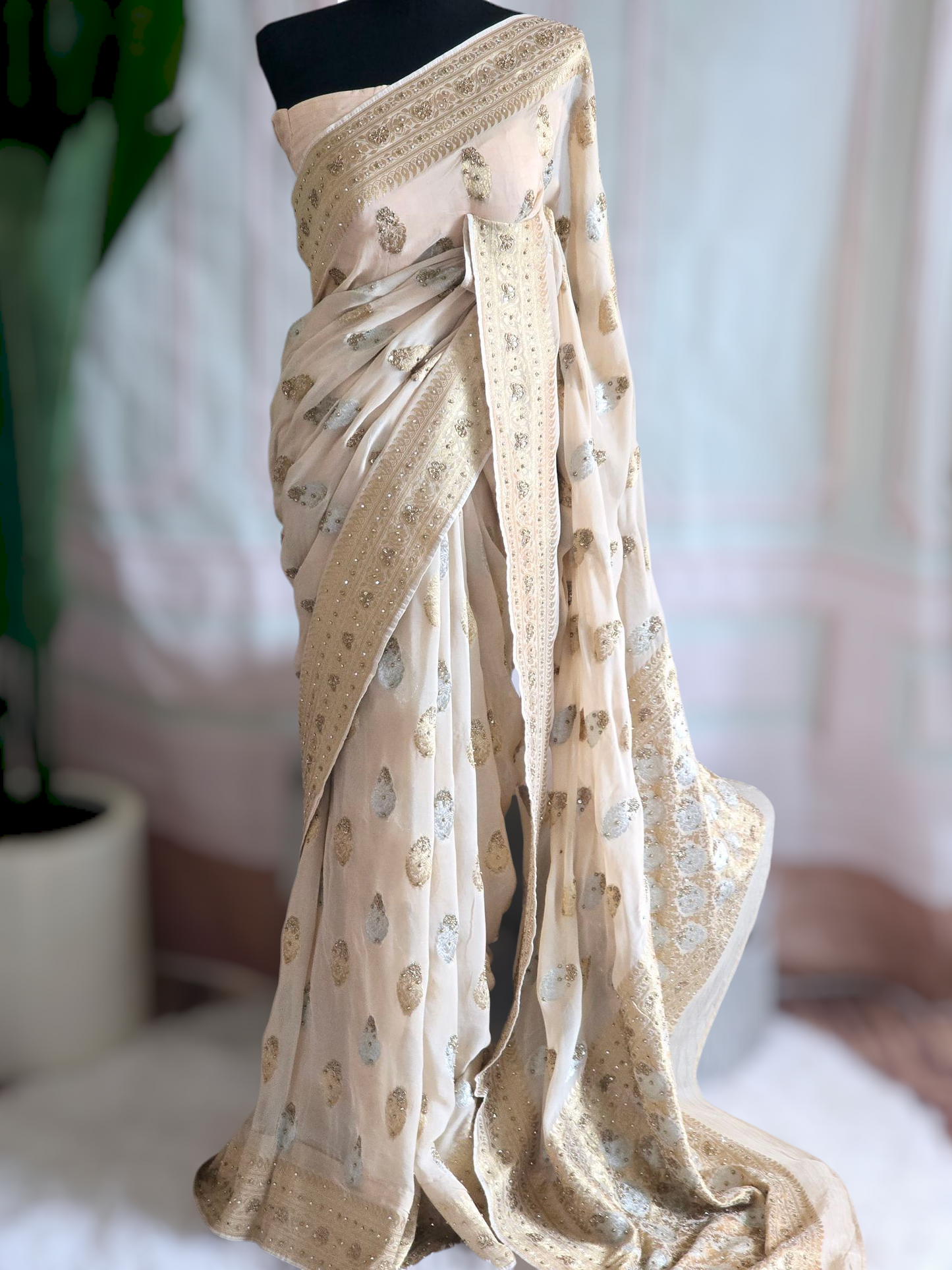 Pure georgette designer saree with zardozi/stone work- stitched blouse