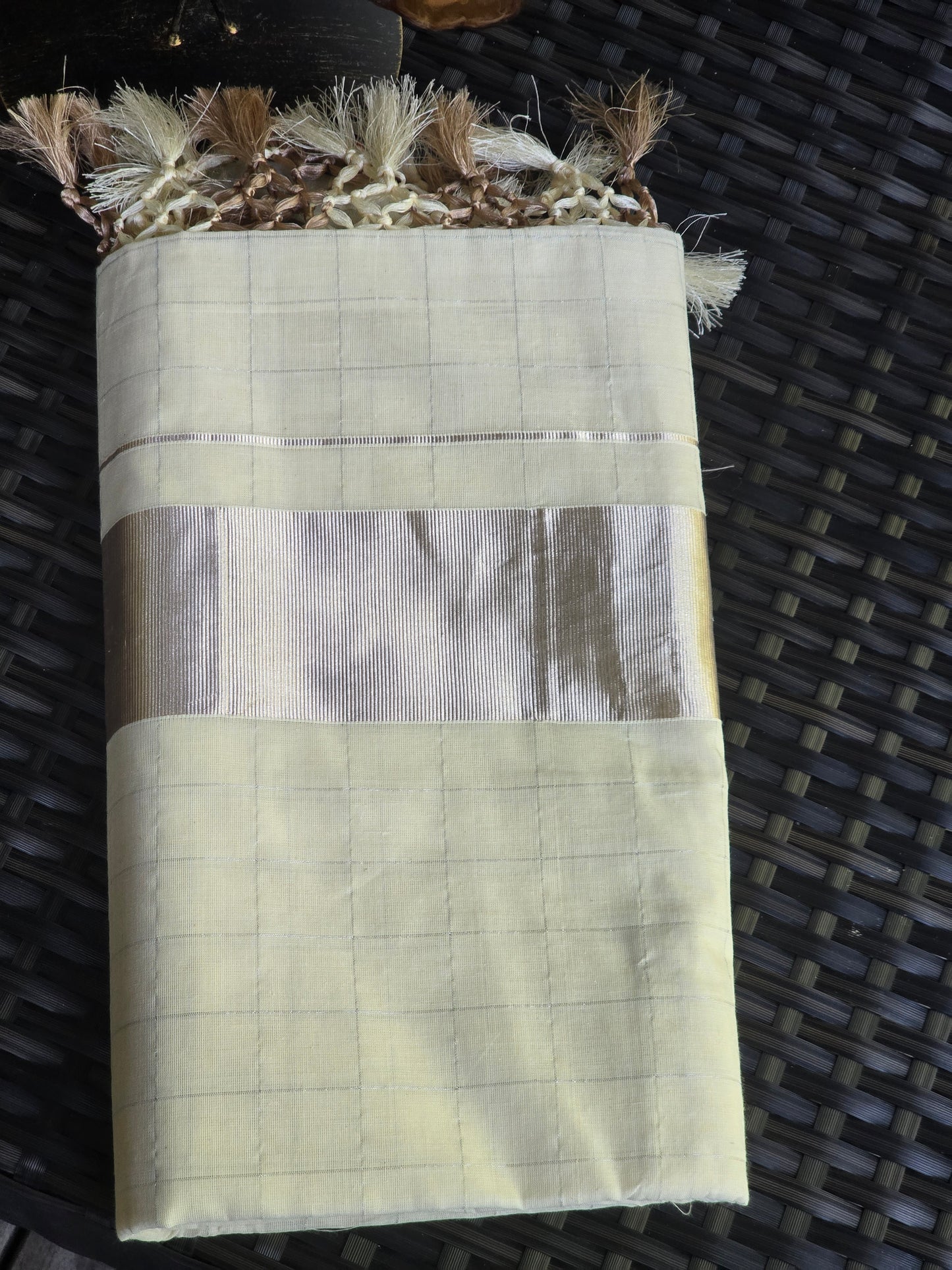 Cotton set saree with check body silver border
