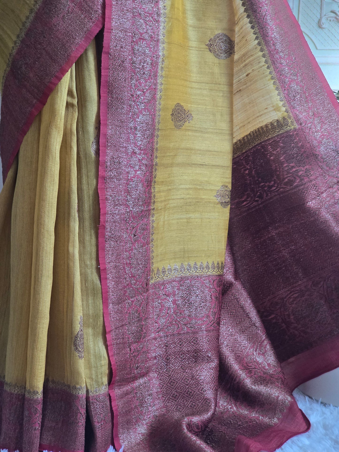Tussar banarasi saree with stitched blouse ( yellow- watermelon)