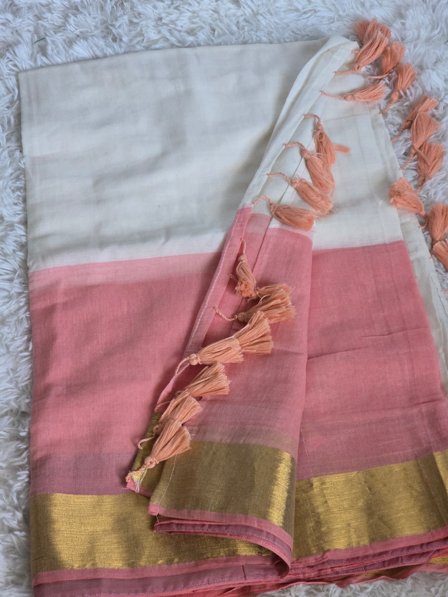 Mul cotton(peach and white) saree