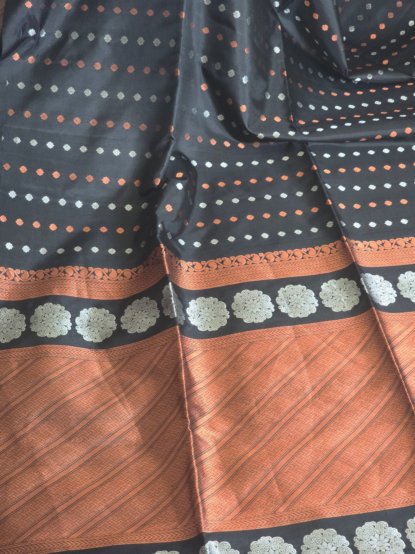 Kancheepuram soft silk saree with copper-silver combo