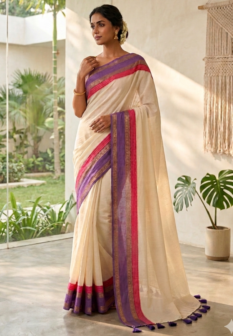 Mul cotton saree with red-purple kanchee border- No BP ( Red and purple)