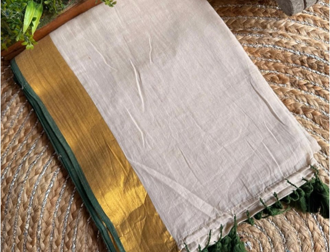 Mul cotton onam saree with gold/green border- no blouse