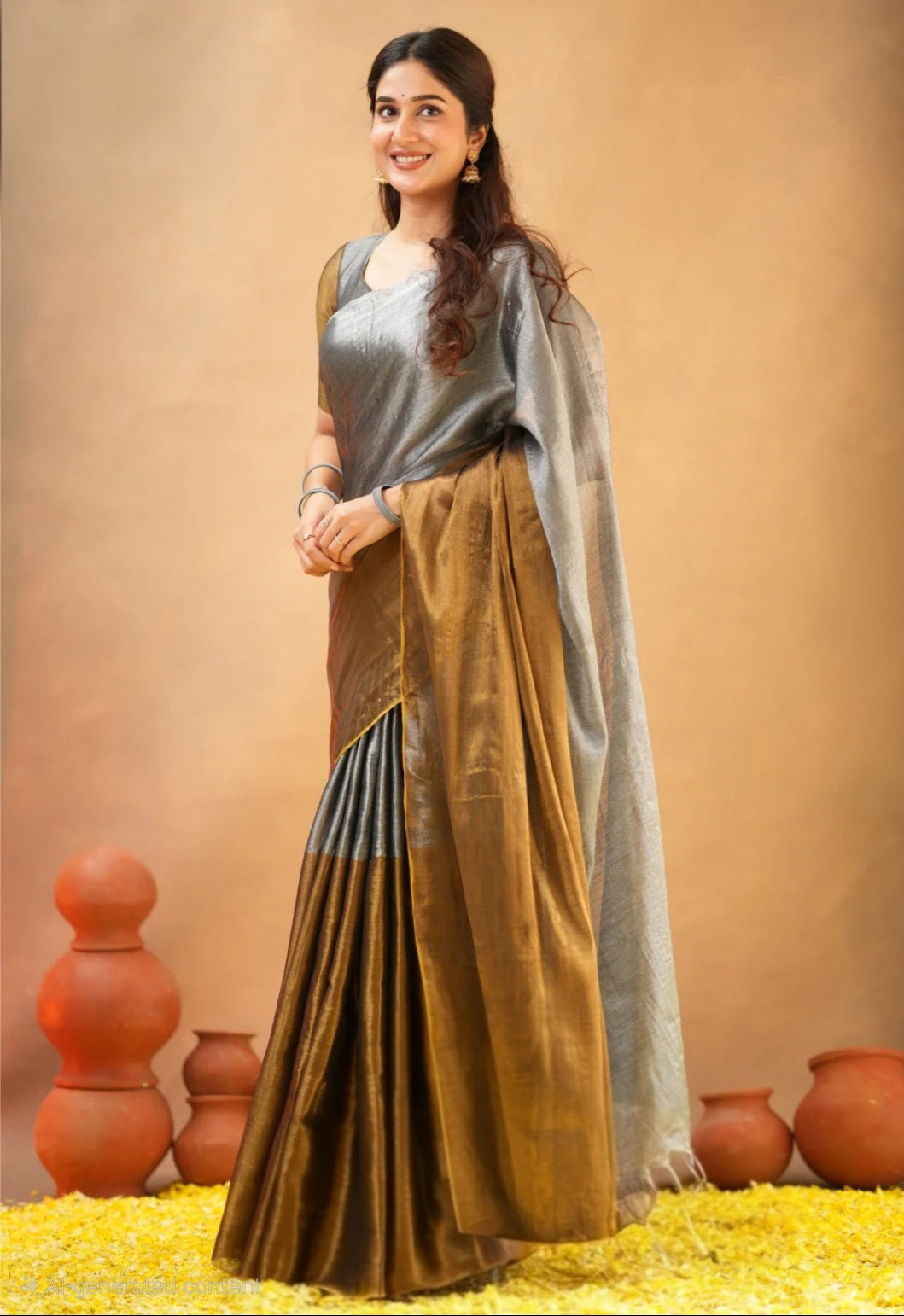 Semi tissue saree- grey and copper-No blouse