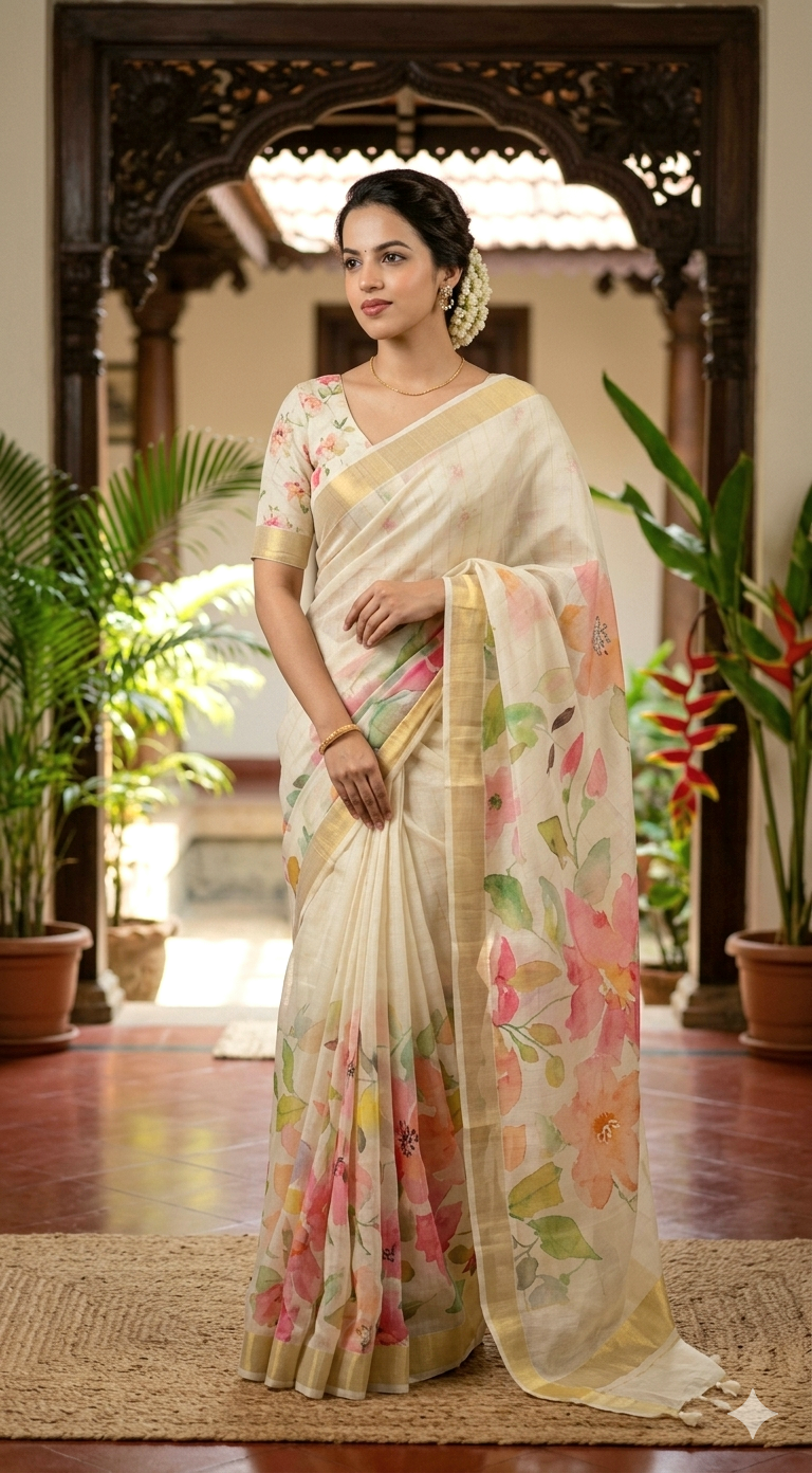Semi silk saree with floral design- stitched blouse ( sleeve)(34-42 size)
