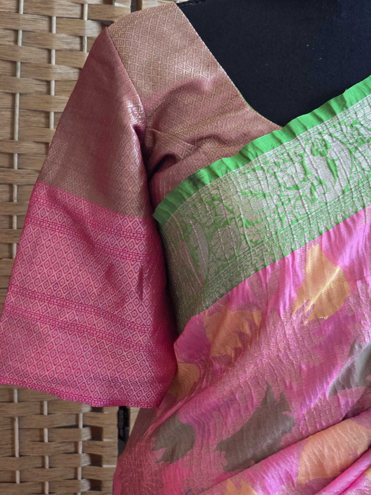 Crushed semi tussar silk saree with floral design- stitched blouse