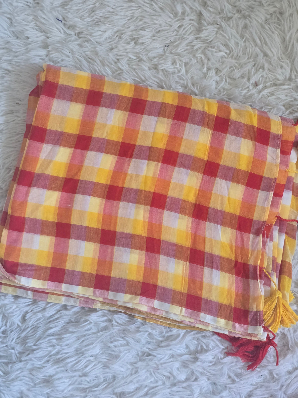Mul cotton saree with check design- fall and pico ready- No BP