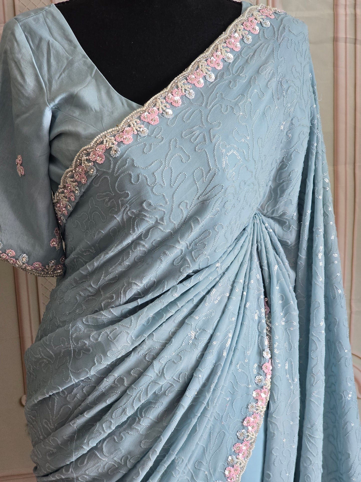 Georgette crape-designer saree( powder blue) with handwork-stitched blouse