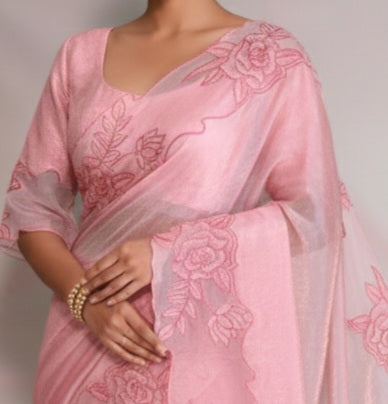 Velvet organza saree with applique work borders- stitched blouse