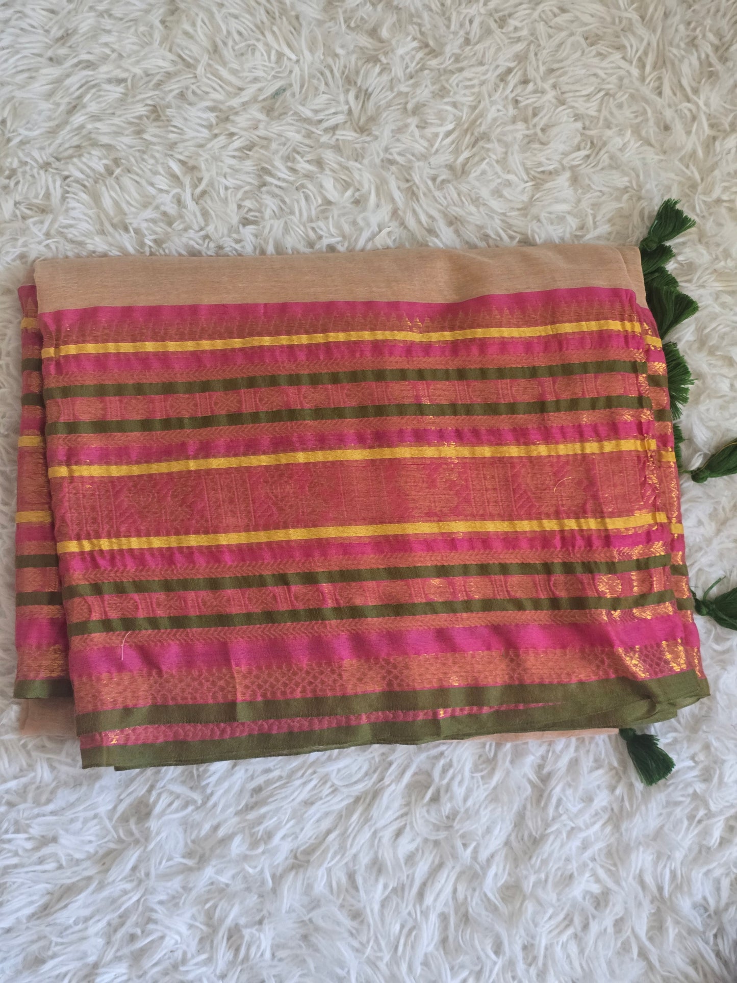 Sandal color mul cotton saree with kanchee border(fall and pico ready)