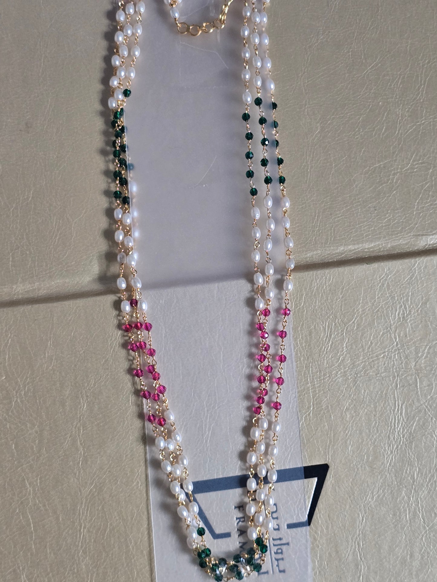 Long 3 layer pearl chain green/ pink