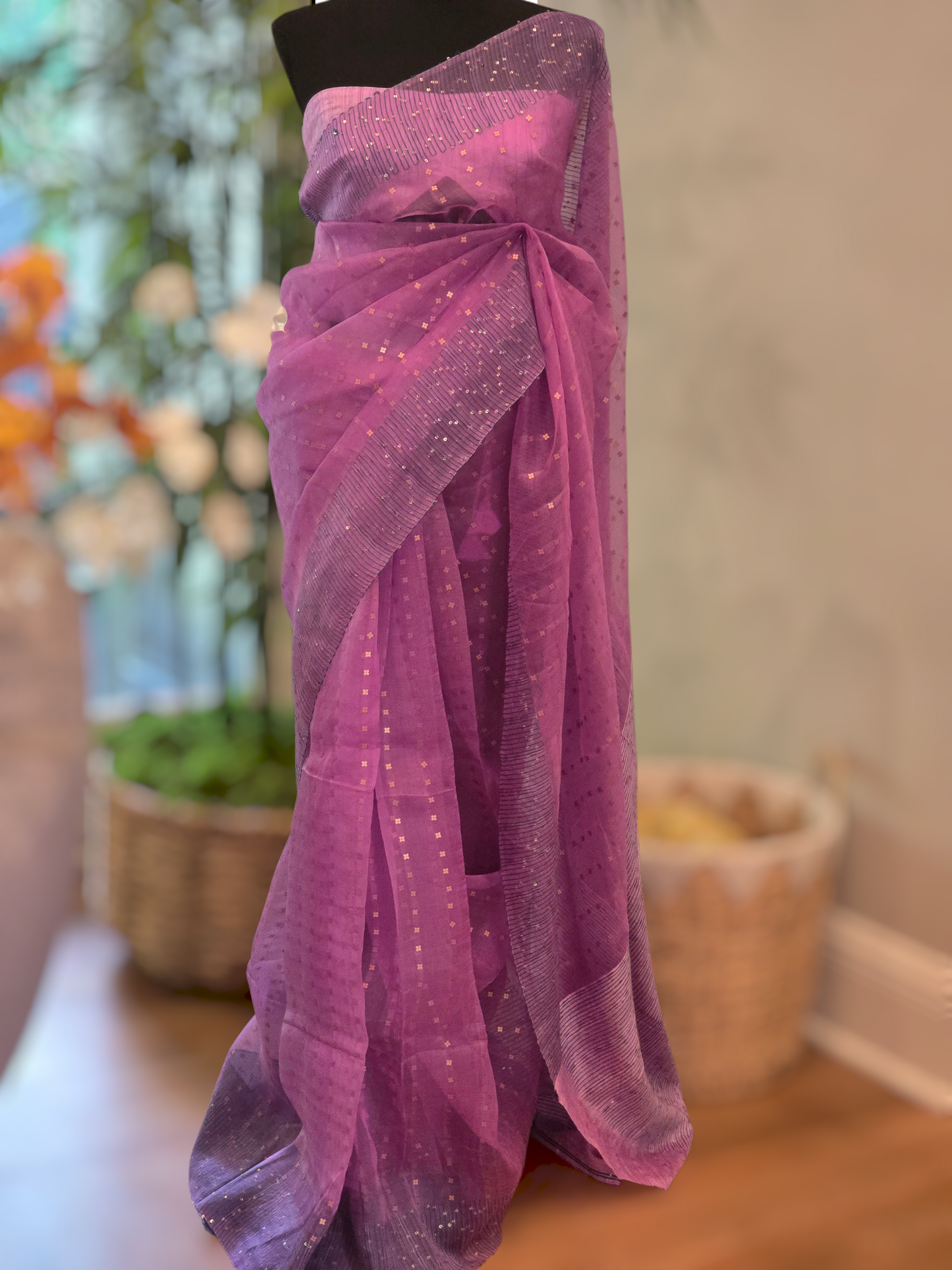 Pure muslin silk saree (Light lilac) with sequins- stitched blouse