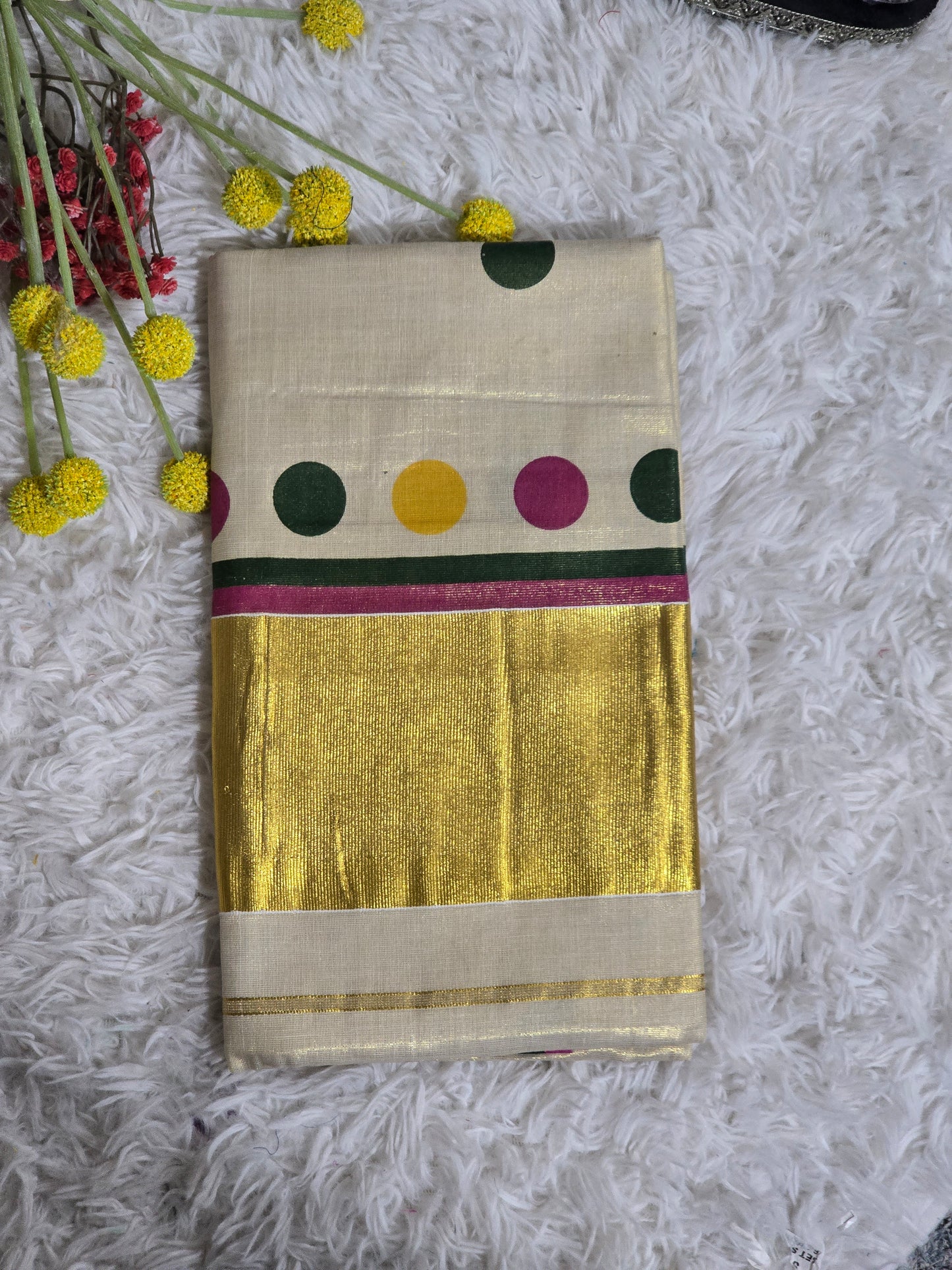 Tissue Kerala saree ( green border) with polka dot prints- blouse pc