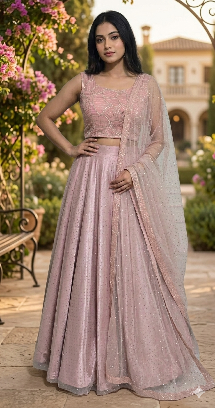 Party wear set- skirt(Net Satin) crop top and dupatta (XS- S size)