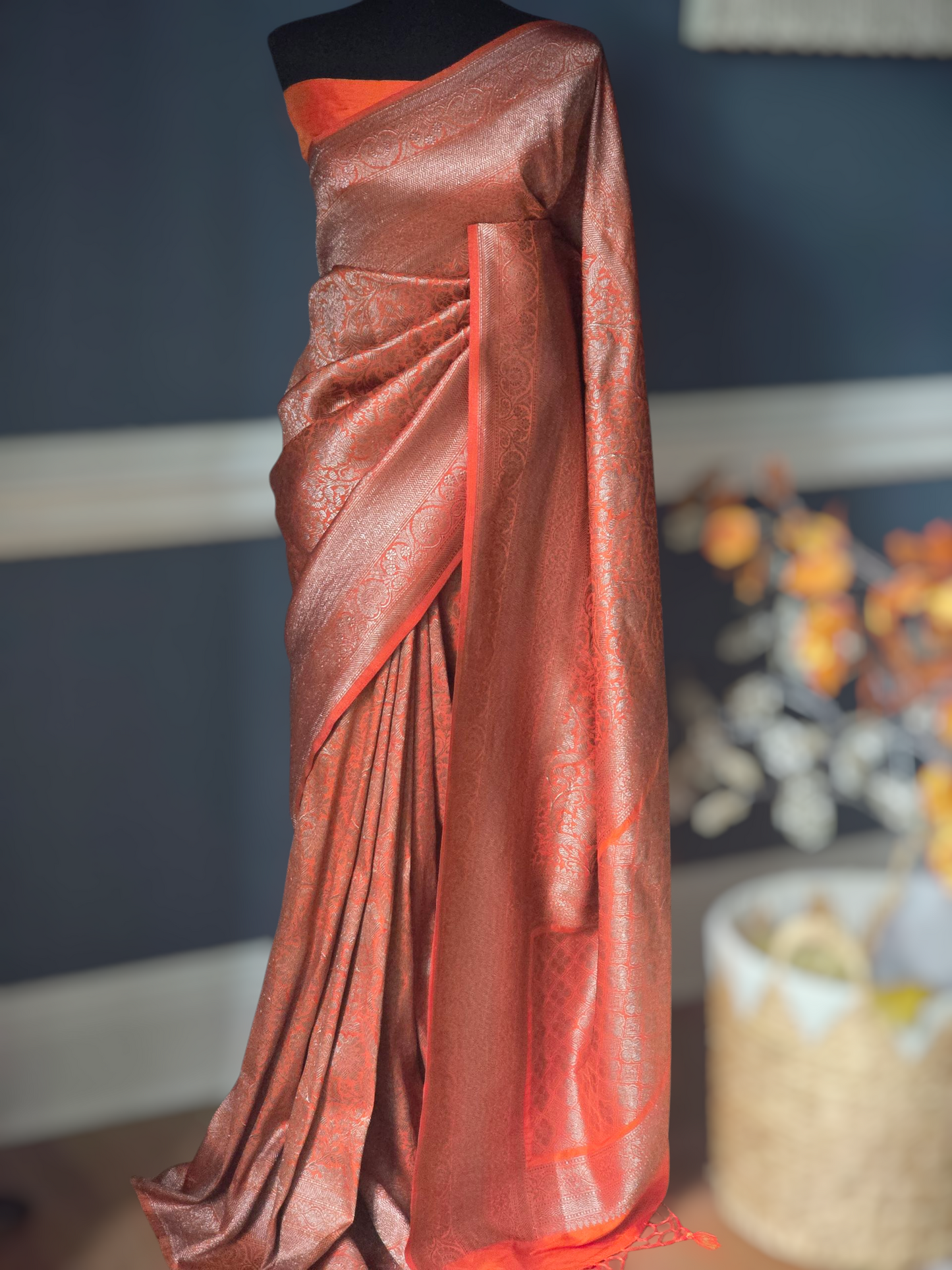 Semi modal silk saree with stitched blouse ( burnt orange)