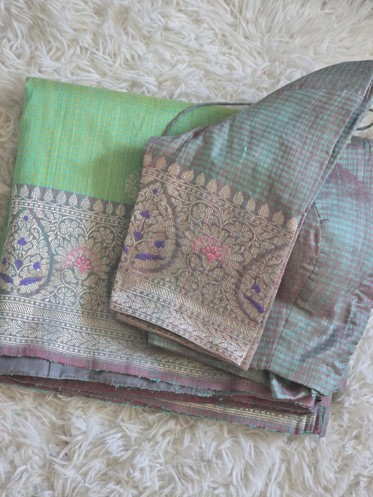Handloom banarasi tussar saree with meenakari border- Stitched blouse