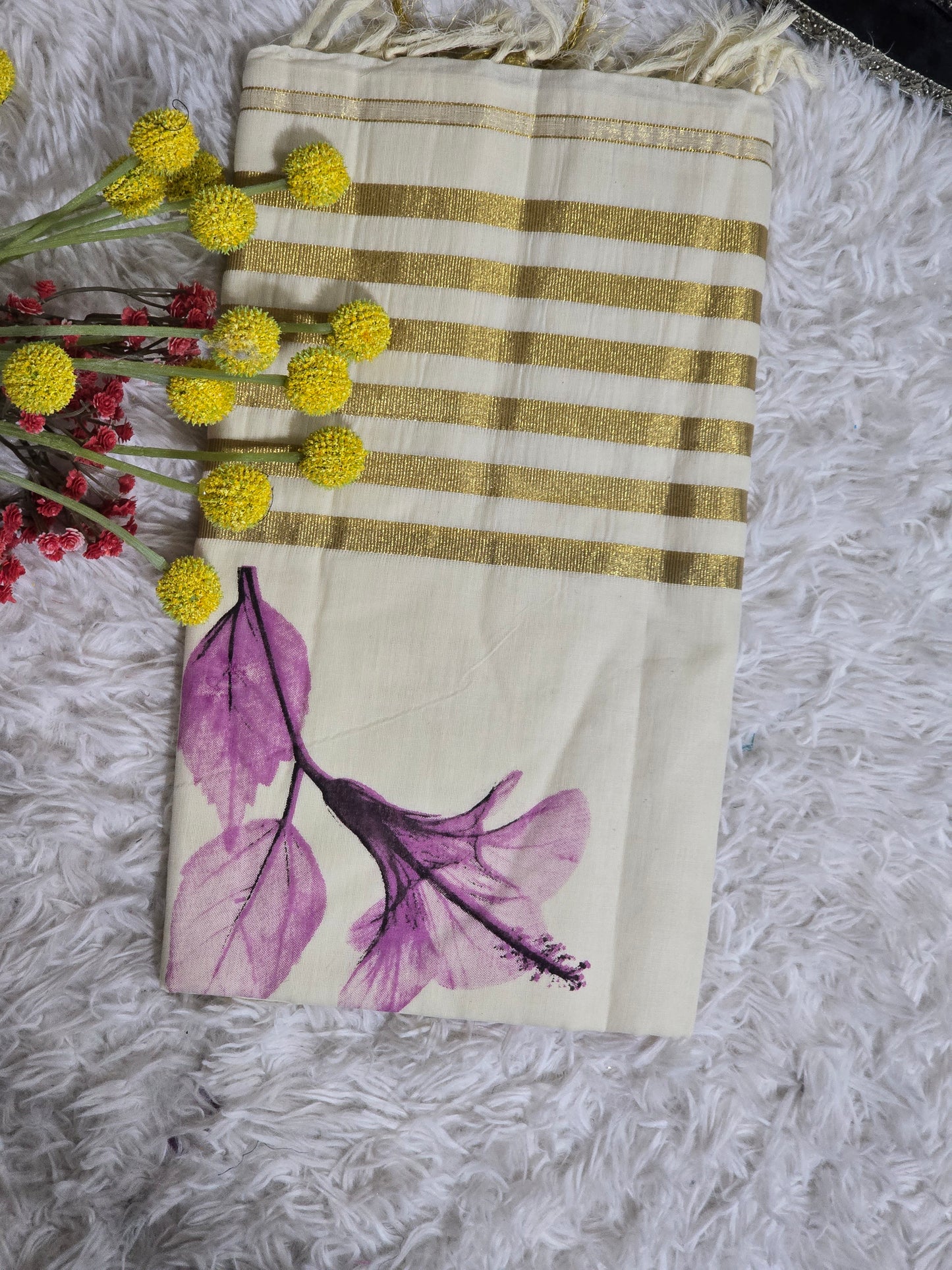 Cotton onam saree with purple printed design