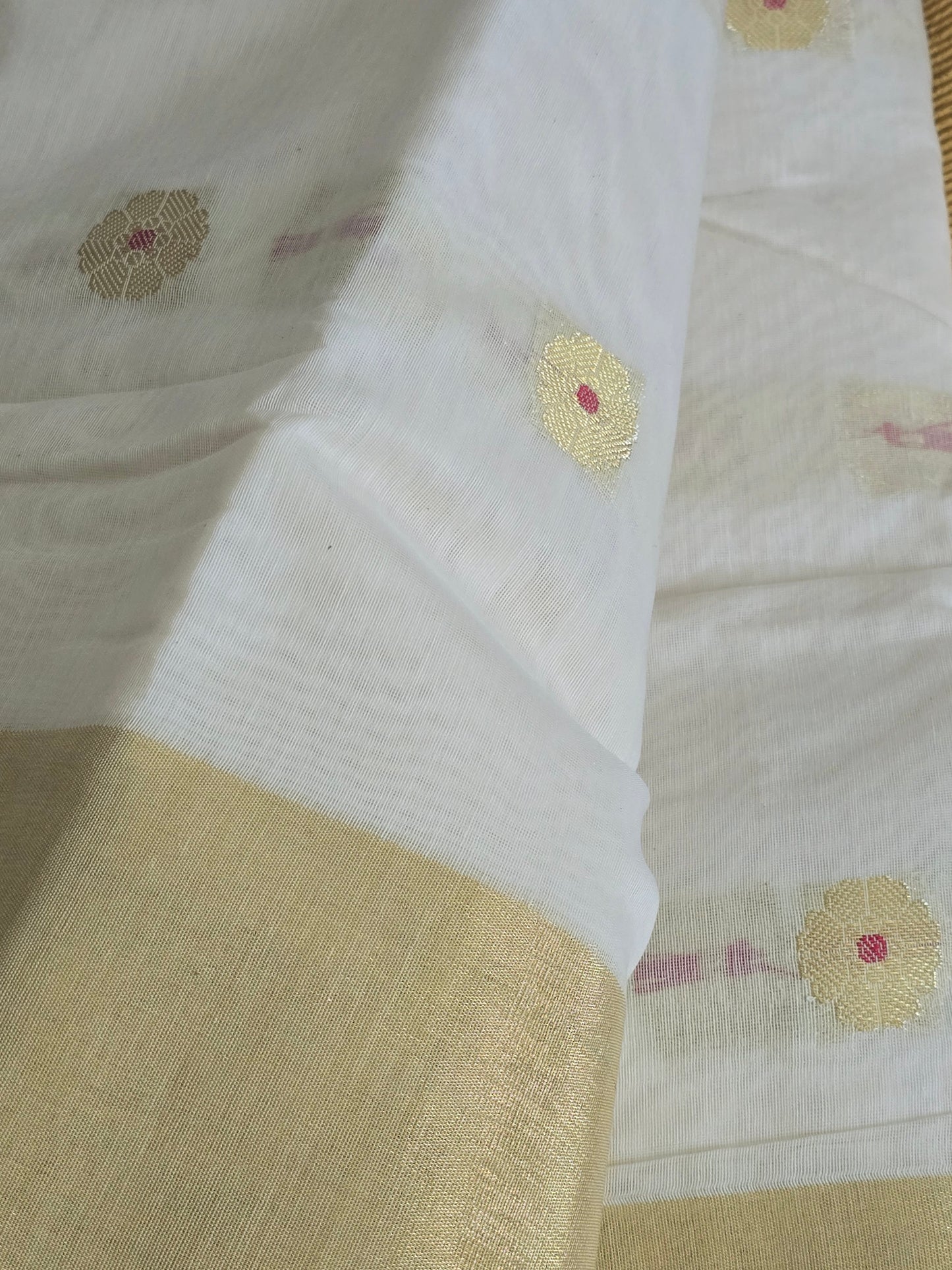 Soft Chanderi Kerala saree with golden border and butas