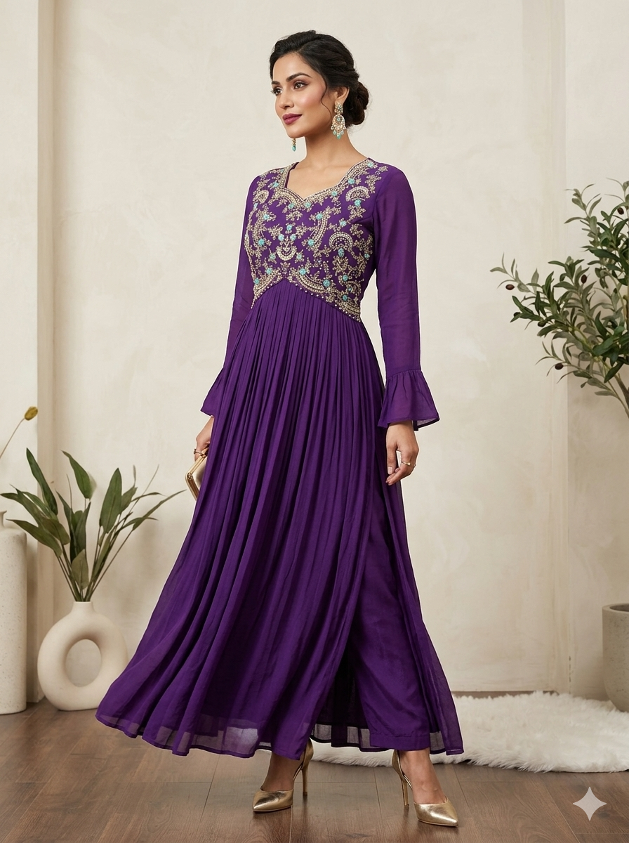 Party wear 2 pc kurti style set with full hand work (kurti and pant)