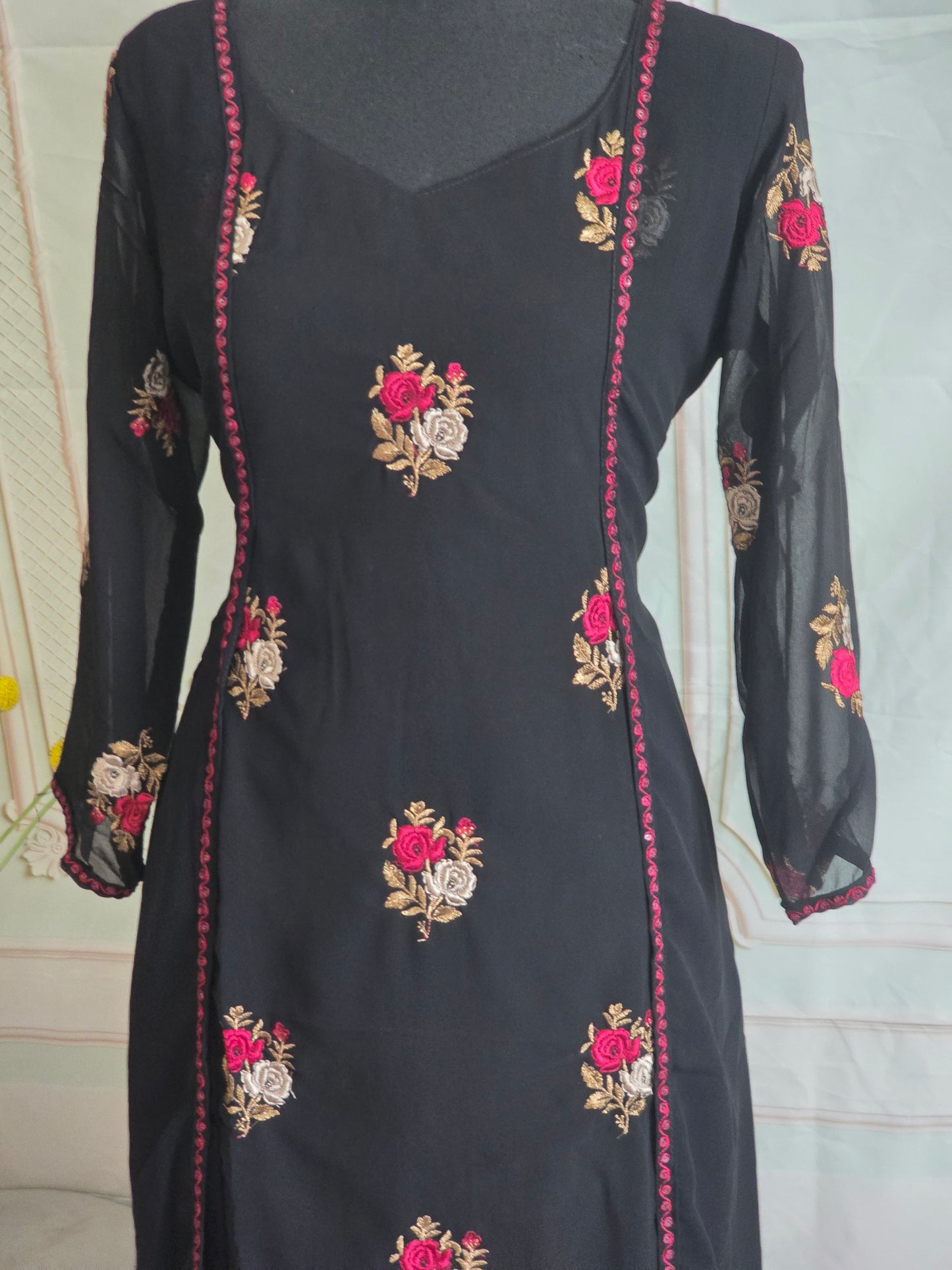 Faux georgette A-line top (black) with floral work-kurti
