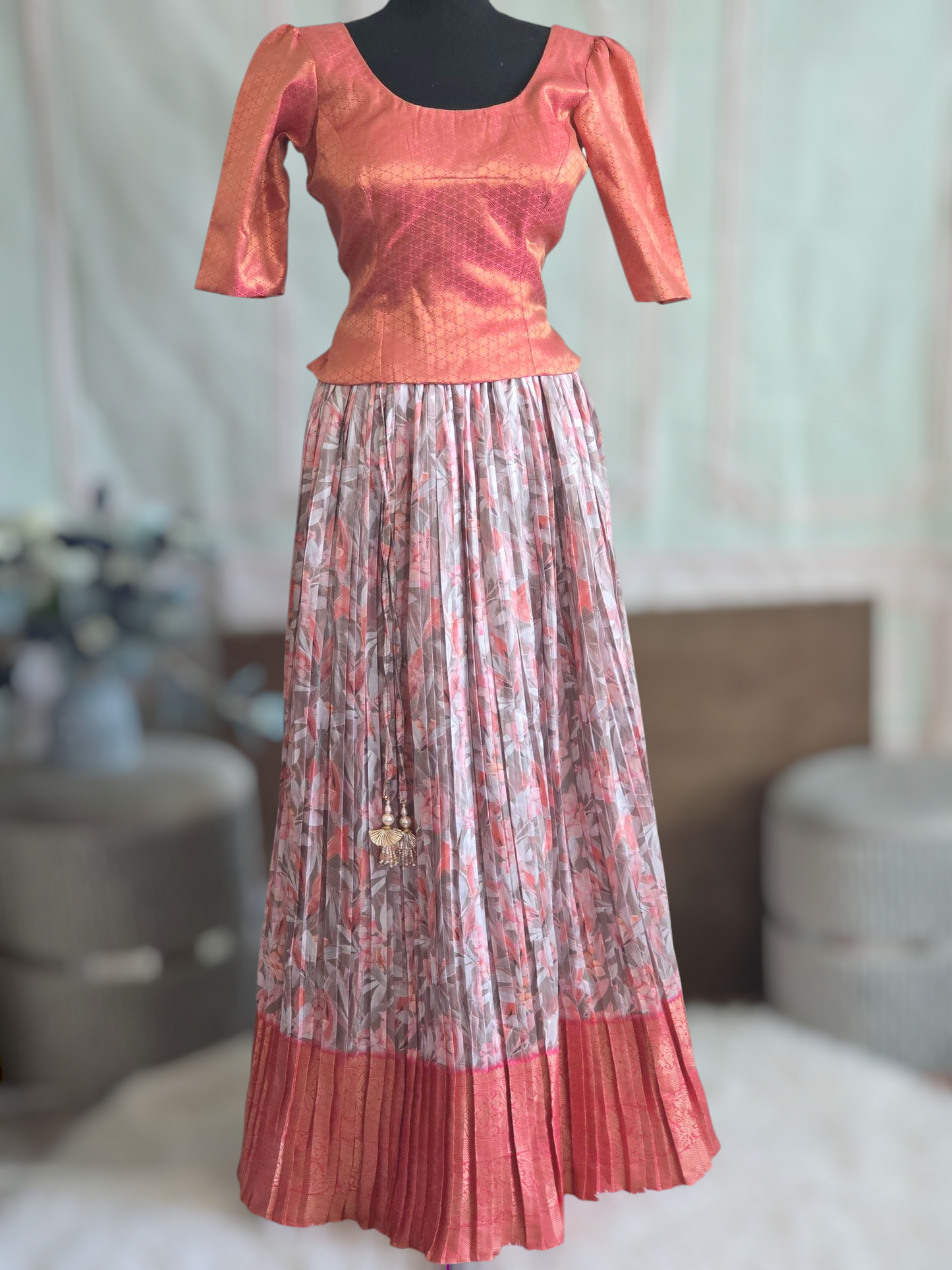 Full ( frilled) skirt with brocade blouse