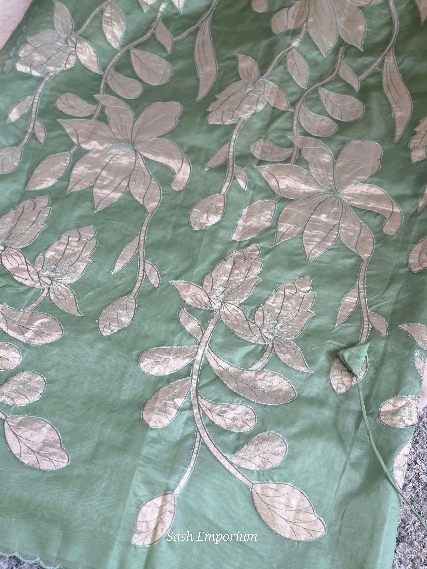 Turquish organza saree (sage green) with applique work- stitched blouse